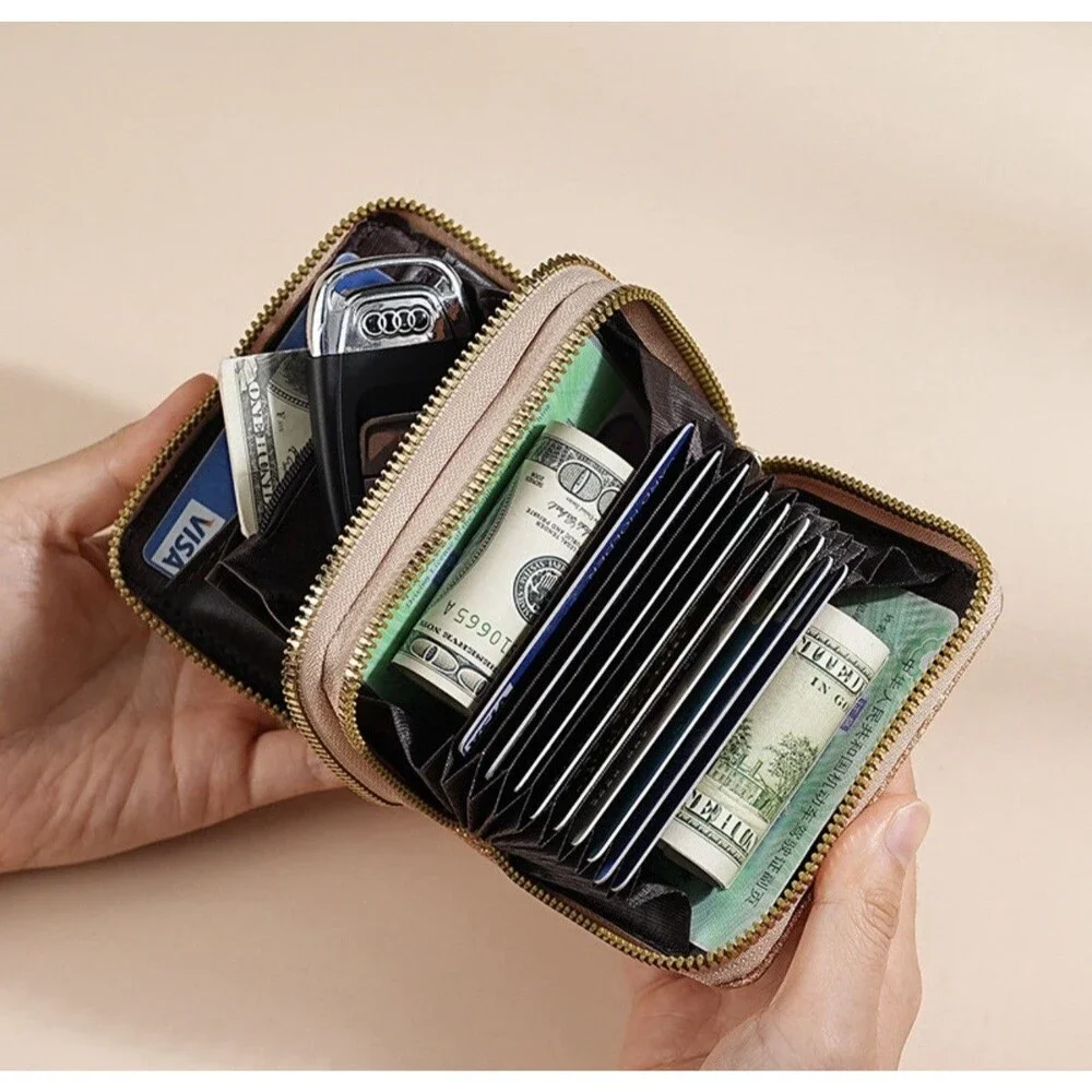 Womens Gold Glitter Wallet Double‎ Zipper Accordion Card Holder Coin Purse